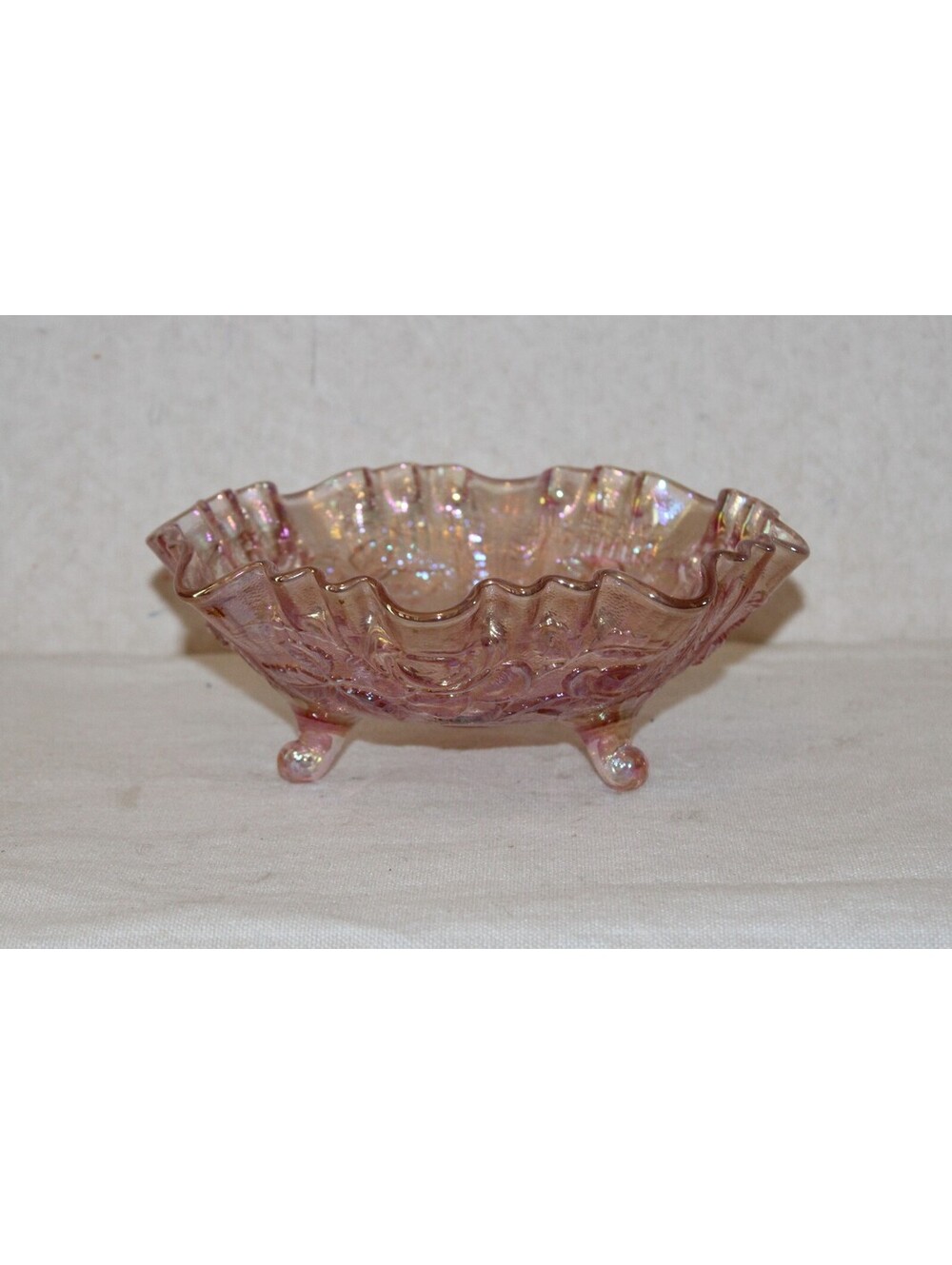 Vintage Imperial Glass Lustre Rose Pink Carnival Glass 3-Toed Footed Bowl